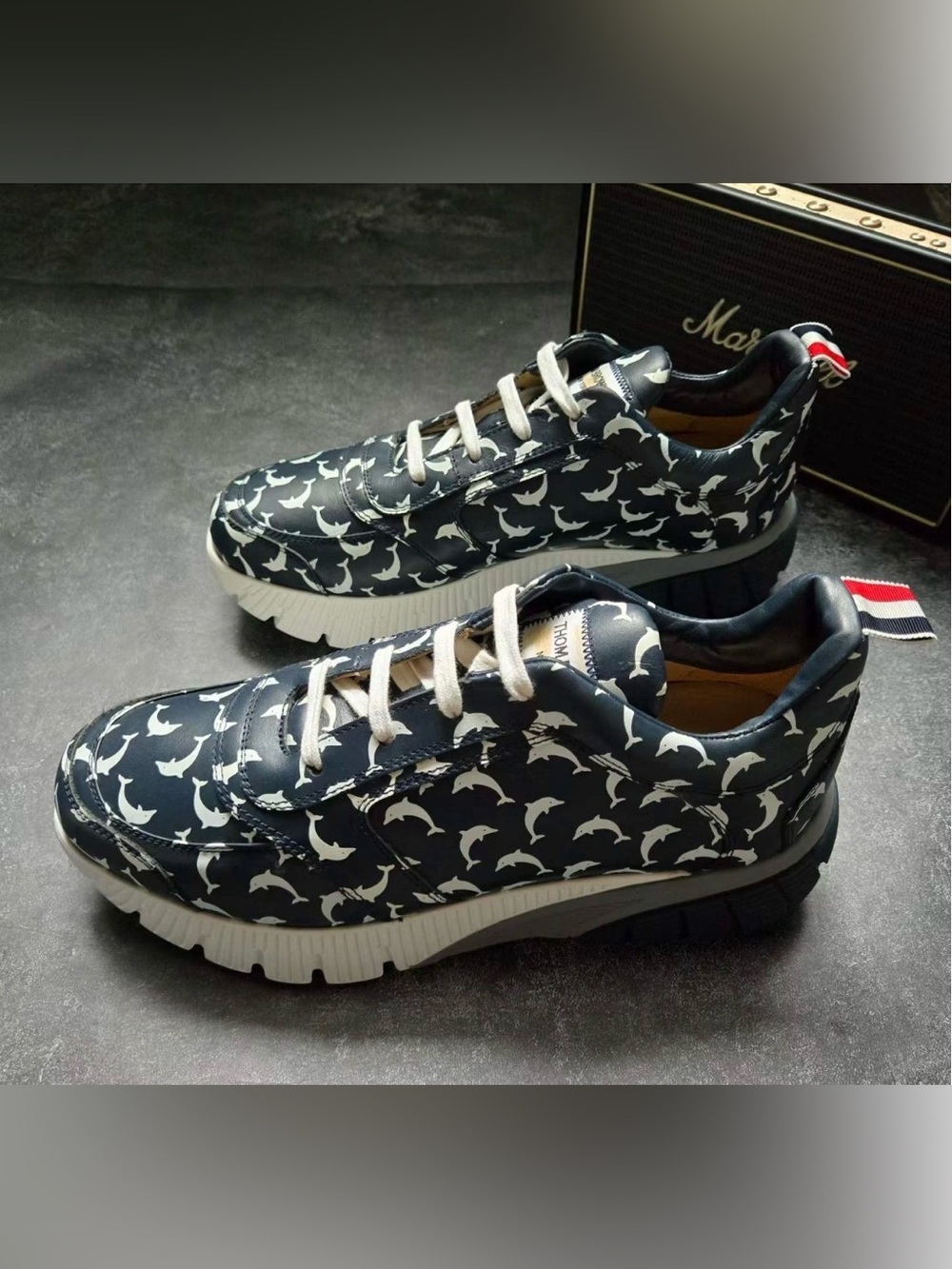 🚩steal Thom Browne Navy and White Dolphin-Print Platform Sneakers